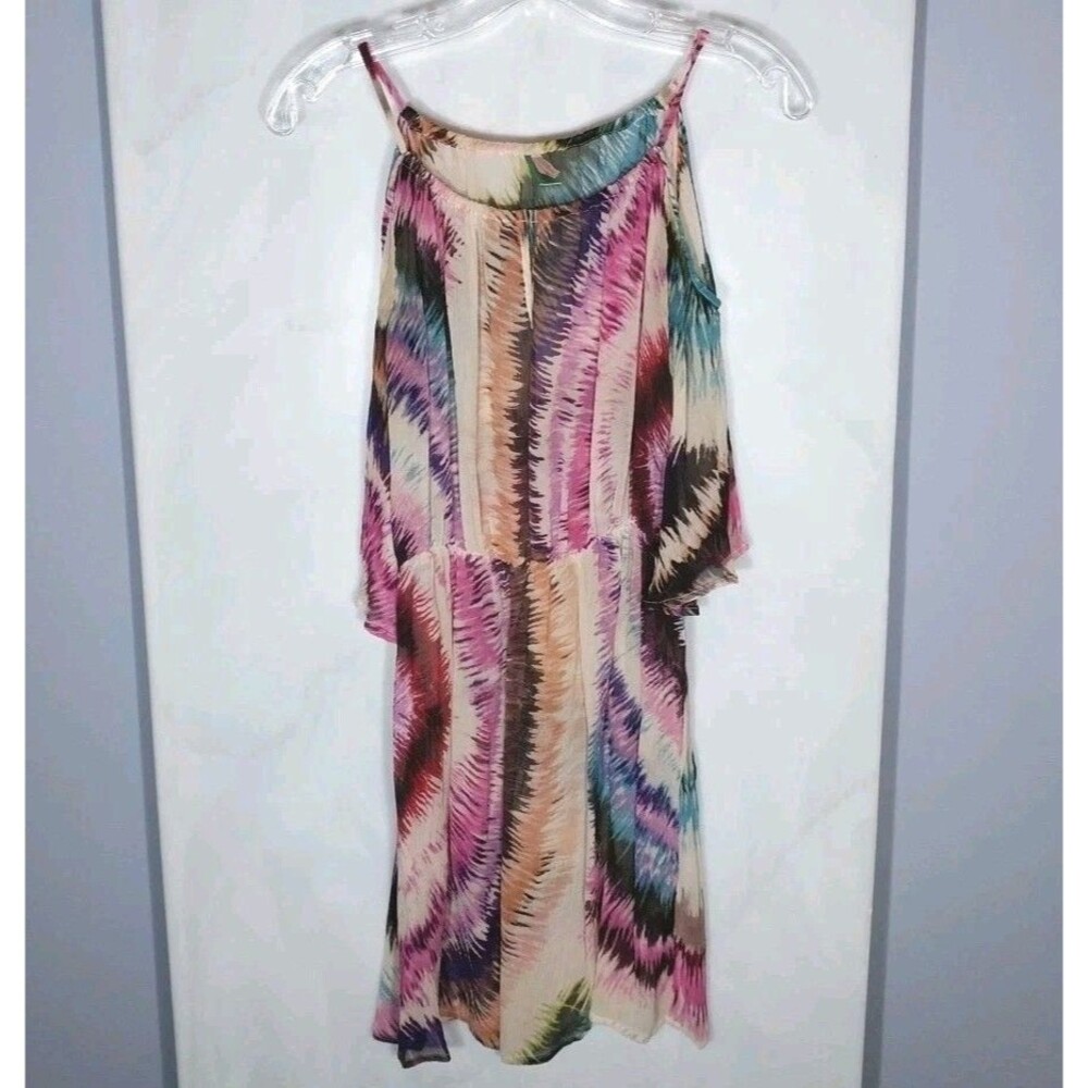 Pinkerton 100% Silk Mini Dress Women's M Multicolor Tie Dye Pleated Sheer Boho